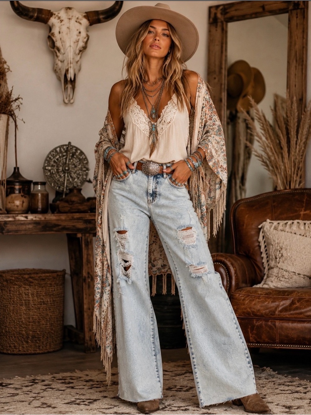 RISEN BOUTIQUE DENIM Boho High-Rise Wide Leg Distressed Jeans - Light Wash